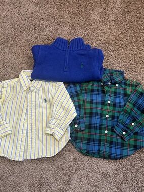 Ralph Lauren Kids Blue Knit Pullover with Green & Yellow Button-Downs